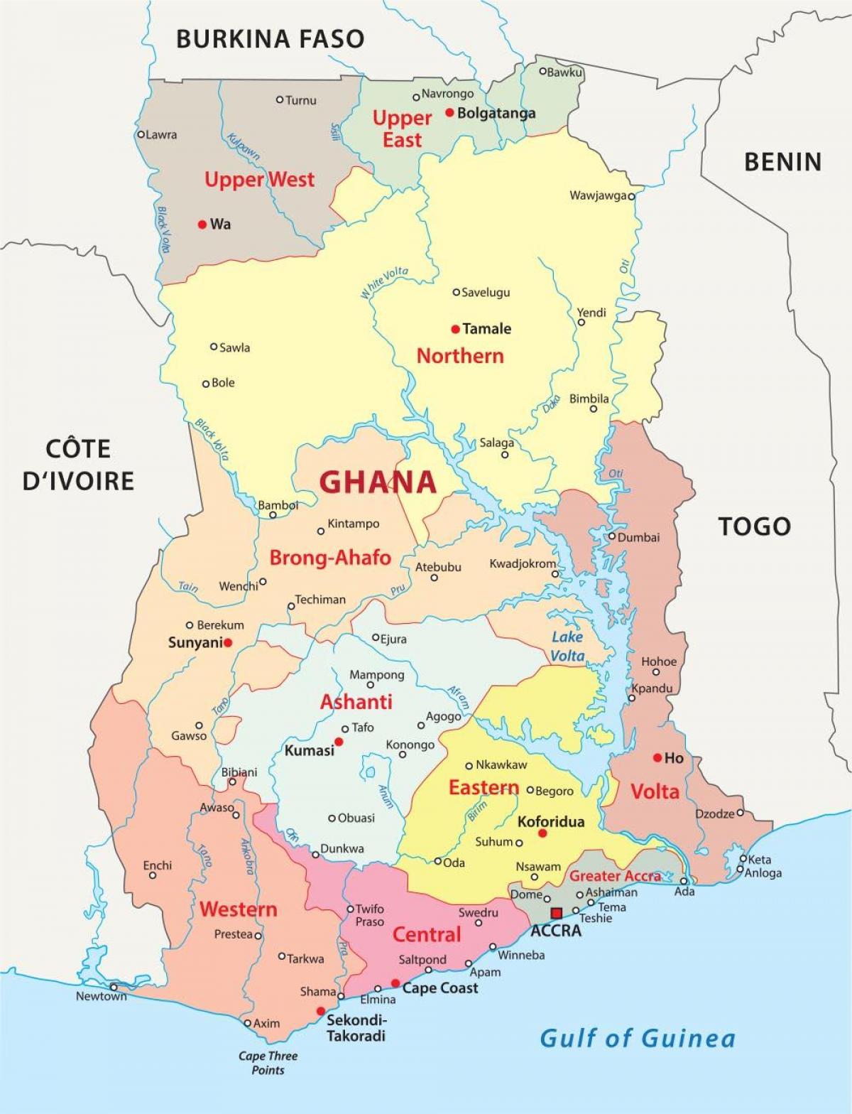 mapa de ghana mostrant districtes